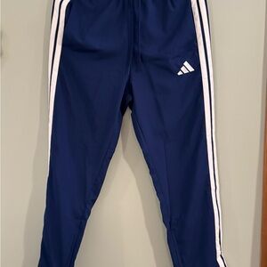 Adidas Men's Blue Joggers with White Stripes